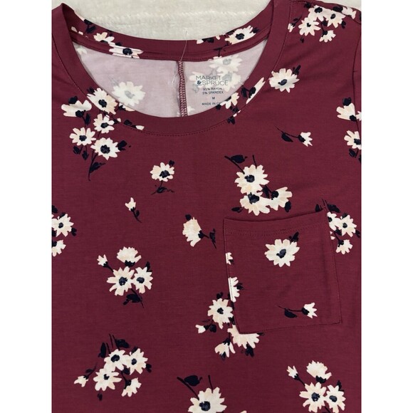 MARKET & SPRUCE Floral Pocket T Shirt Dress Ladies Medium Burgundy Alison Knit - Picture 4 of 6